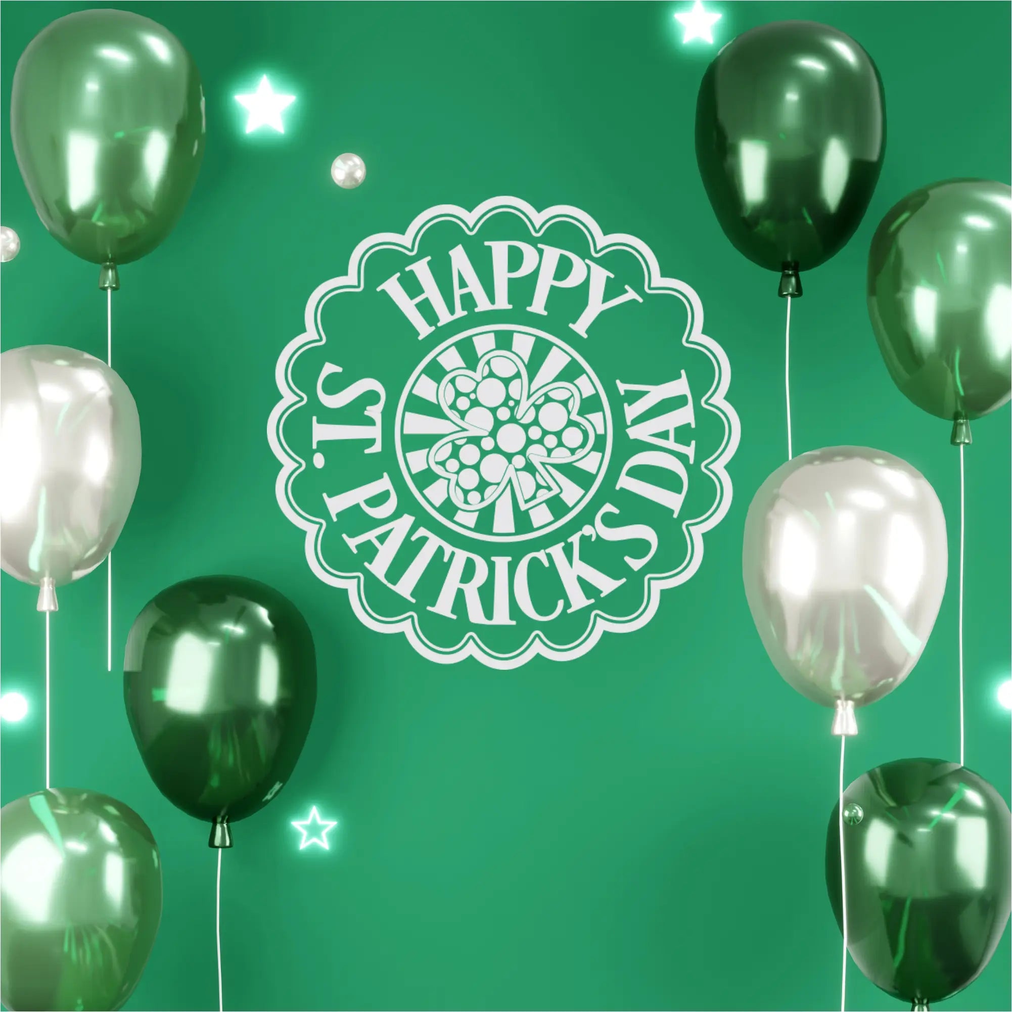 Festive 'Happy St. Patrick's Day' circular wall decal in white, styled on a green background with metallic balloons for party decor inspiration.