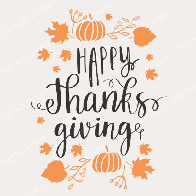 Close up of the Happy Thanksgiving embellished vinyl decal design, showing the two-color black and orange seasonal decoration with separate fall graphics for customizable installation.