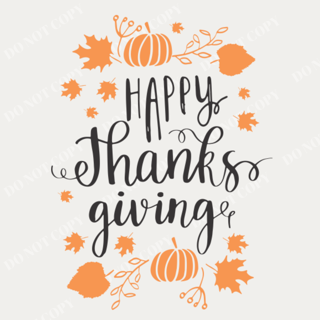 Close up of the Happy Thanksgiving embellished vinyl decal design, showing the two-color black and orange seasonal decoration with separate fall graphics for customizable installation.