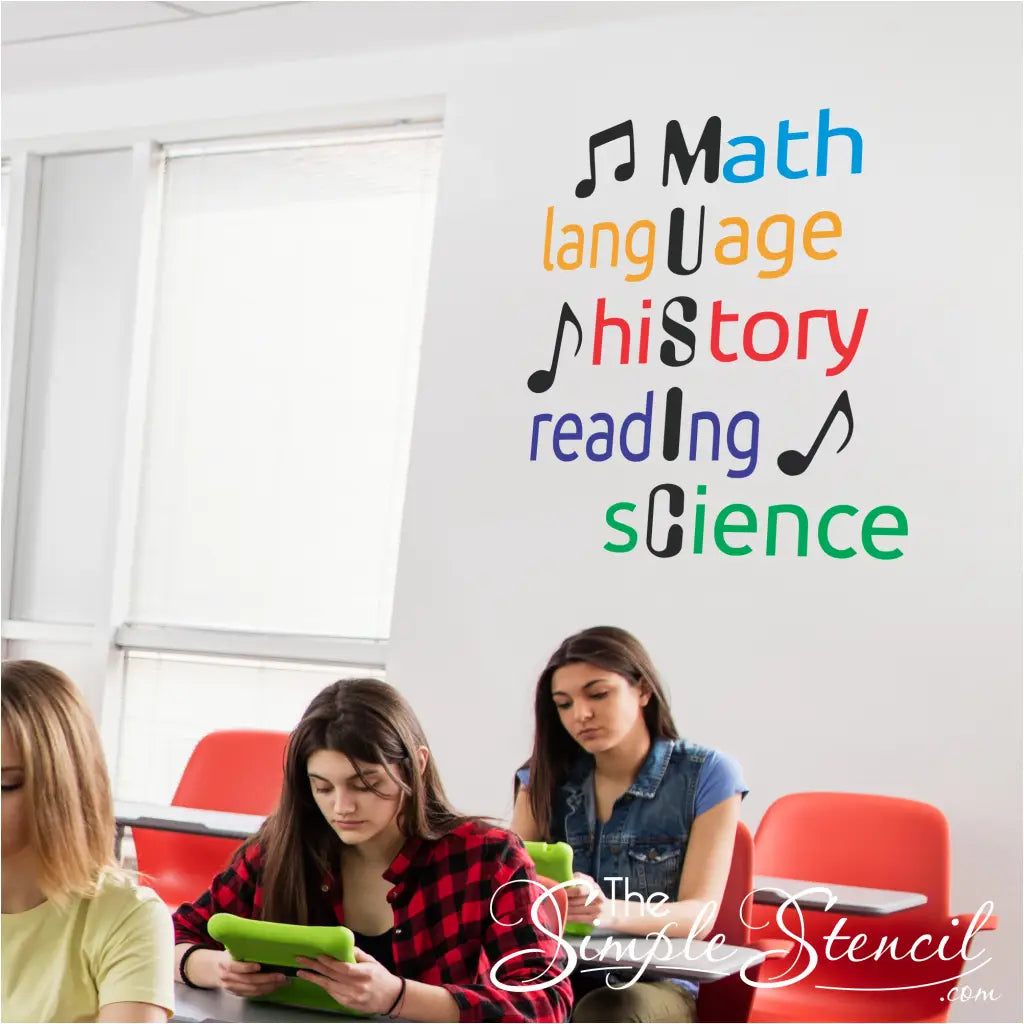 Large "MUSIC Subjects" vinyl decal decorates a homeschool space, visually representing the interconnectedness of subjects and encouraging cross-disciplinary learning for a deeper understanding.