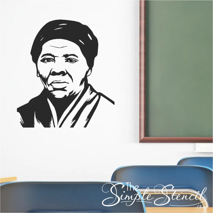 Harriet Tubman Face Silhouette Image Wall Decal for School classrooms, history classrooms, black history month celebrations, etc. Picture shows the Harriet Tubman silhouette in black on a classroom wall. 