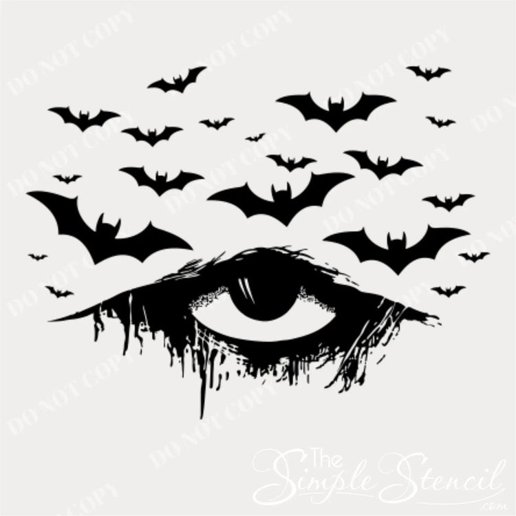 A black vinyl Halloween decal design featuring a distressed, dripping eye with numerous bats flying above it, displayed on a watermarked background with 'TheSimpleStencil.com'. Copying of this design is not permitted.
