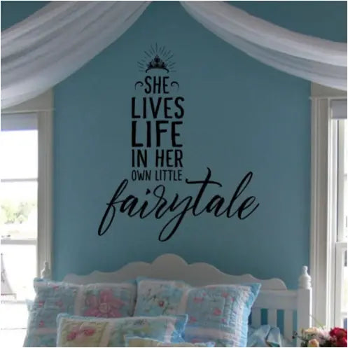 She lives life in her own little fairytale wall quote decal by The Simple Stencil perfect for a princess themed room or party!
