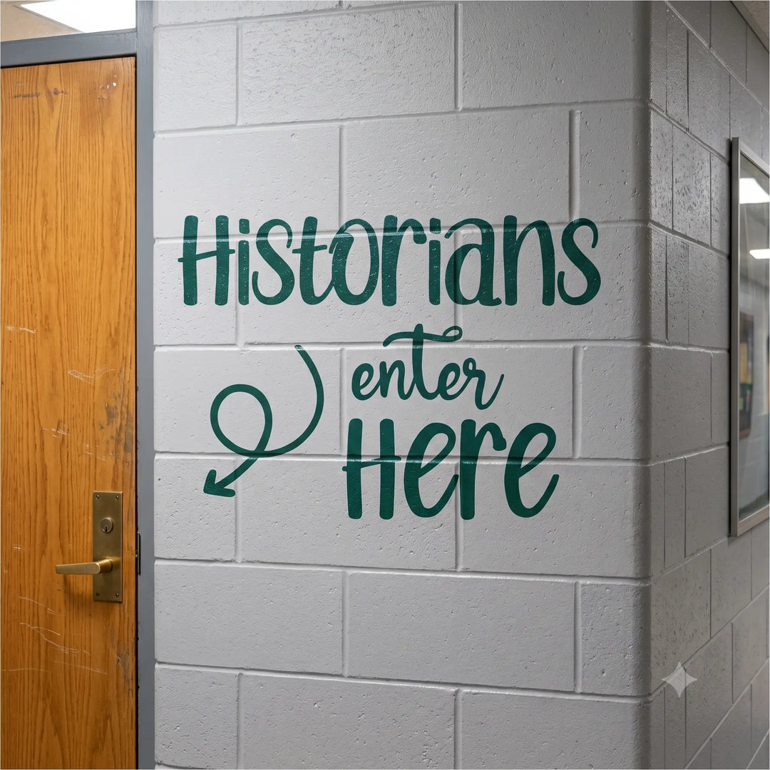 Green decal on cinder block wall next to classroom door