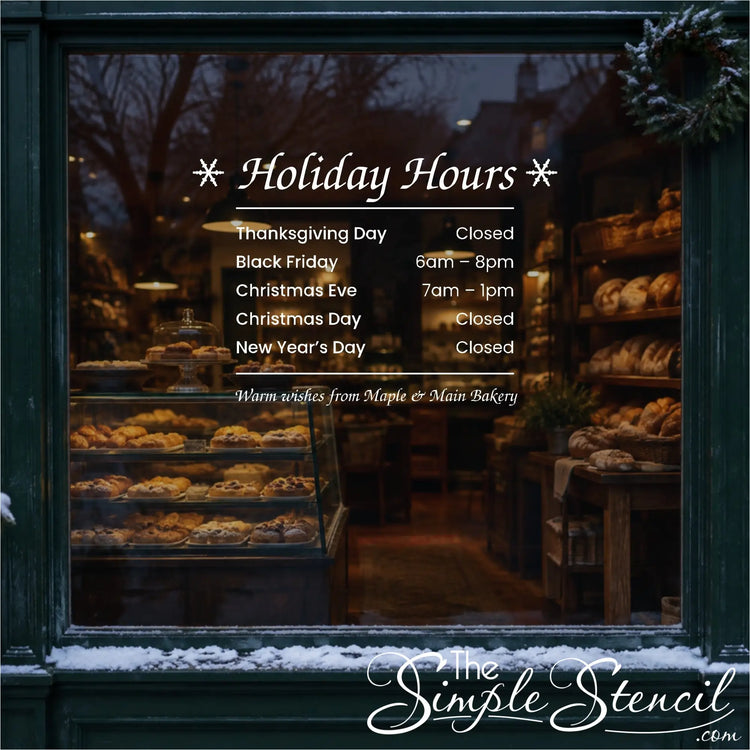 Holiday Hours window decal on a bakery storefront, personalized with Thanksgiving to New Year's hours and business name