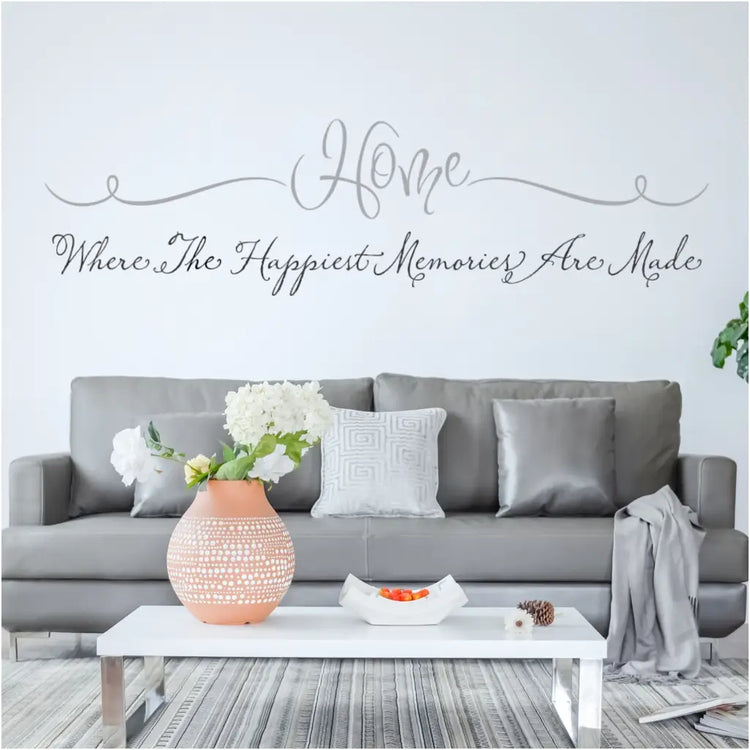 Home - where the happiest memories are made.  Beautiful vinyl wall decal for the family room by The Simple Stencil