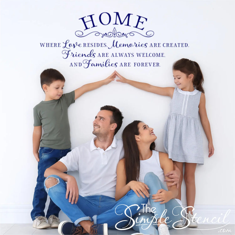 Large Blue Wall Decal installed above a Family of Four Sitting on the Floor - Made in USA Quality