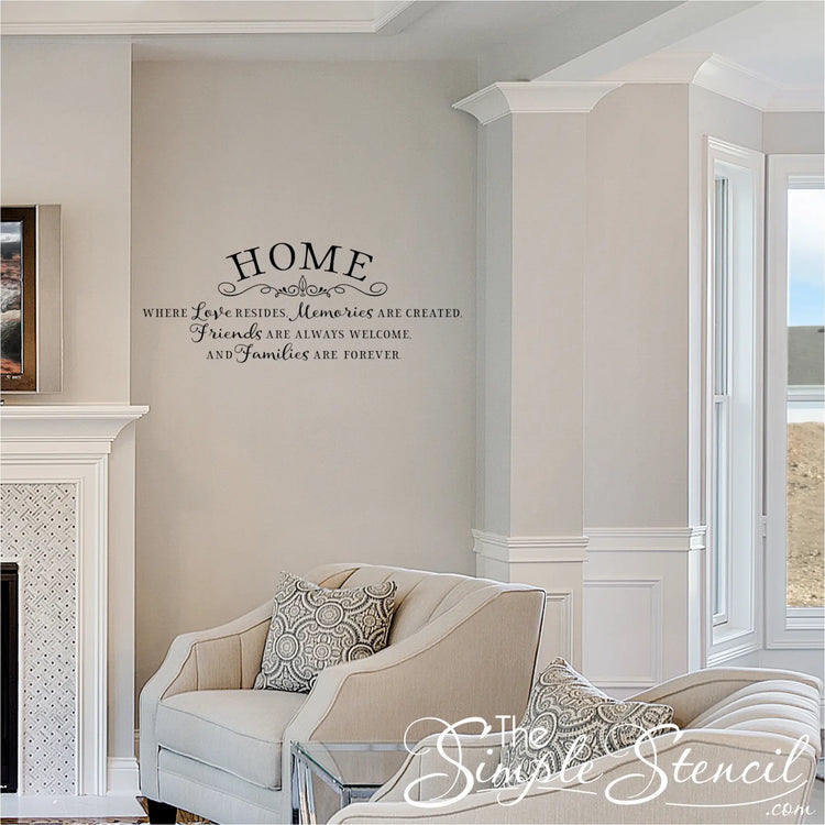 Inspirational Family Quote Vinyl Lettering on a Light Gray Wall in a Cozy Living Room Setting