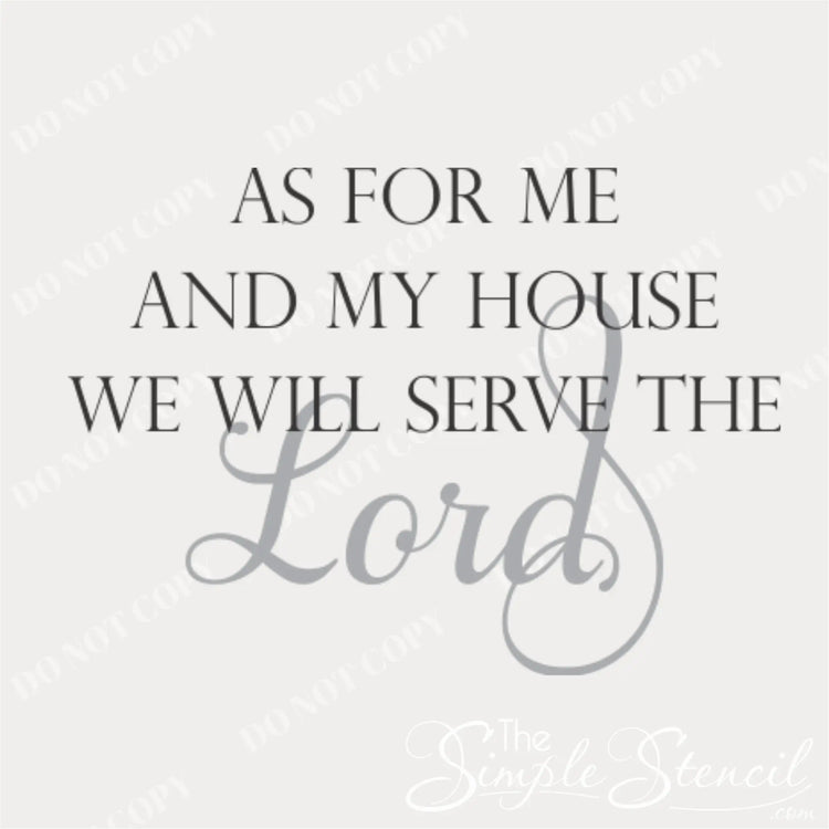 Clean graphic decal design of the 'As For Me And My House' wall decal, showcasing the high-quality vinyl design and the beautiful script flourish on the word 'Lord' against a neutral background with The Simple Stencil watermark