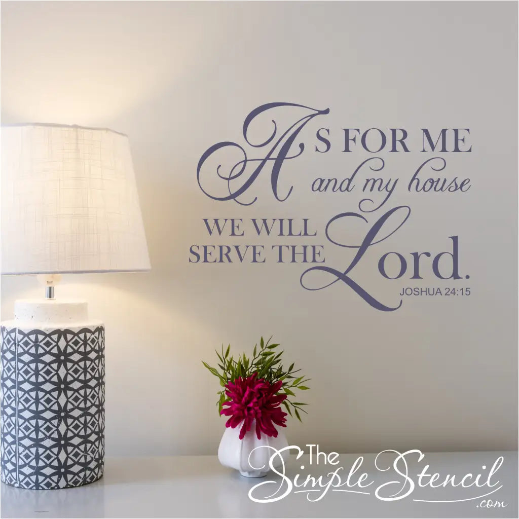 Joshua 24:15 scripture wall decal art displayed in blue over an entryway foyer table to be seen as guests enter home. 