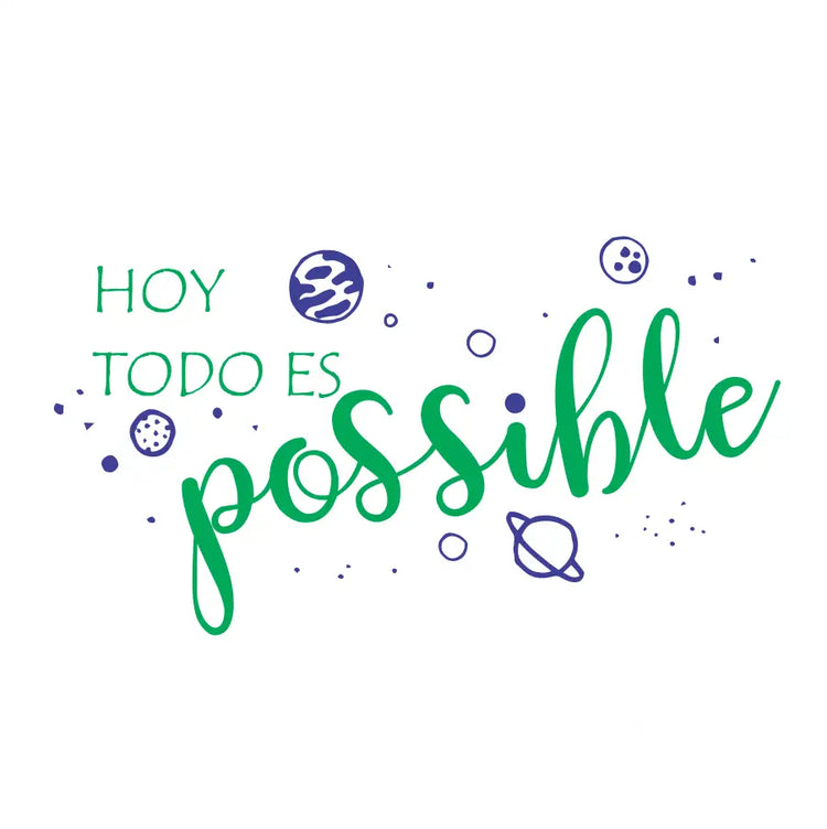 Green cursive hoy todo wall decal with purple planetary illustrations for bilingual classroom wall decals on white background