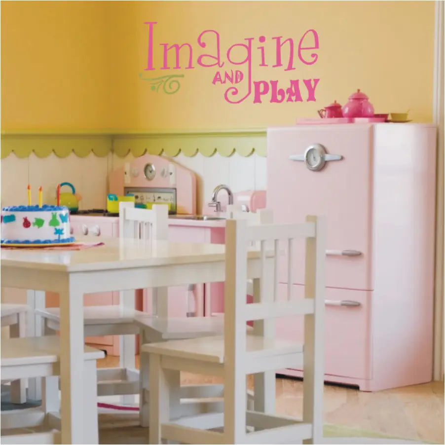 Adorable playroom for girls with a cute vinyl wall decal that reads: Imagine and play in a whimsical style adds interest to the otherwise blank walls. 