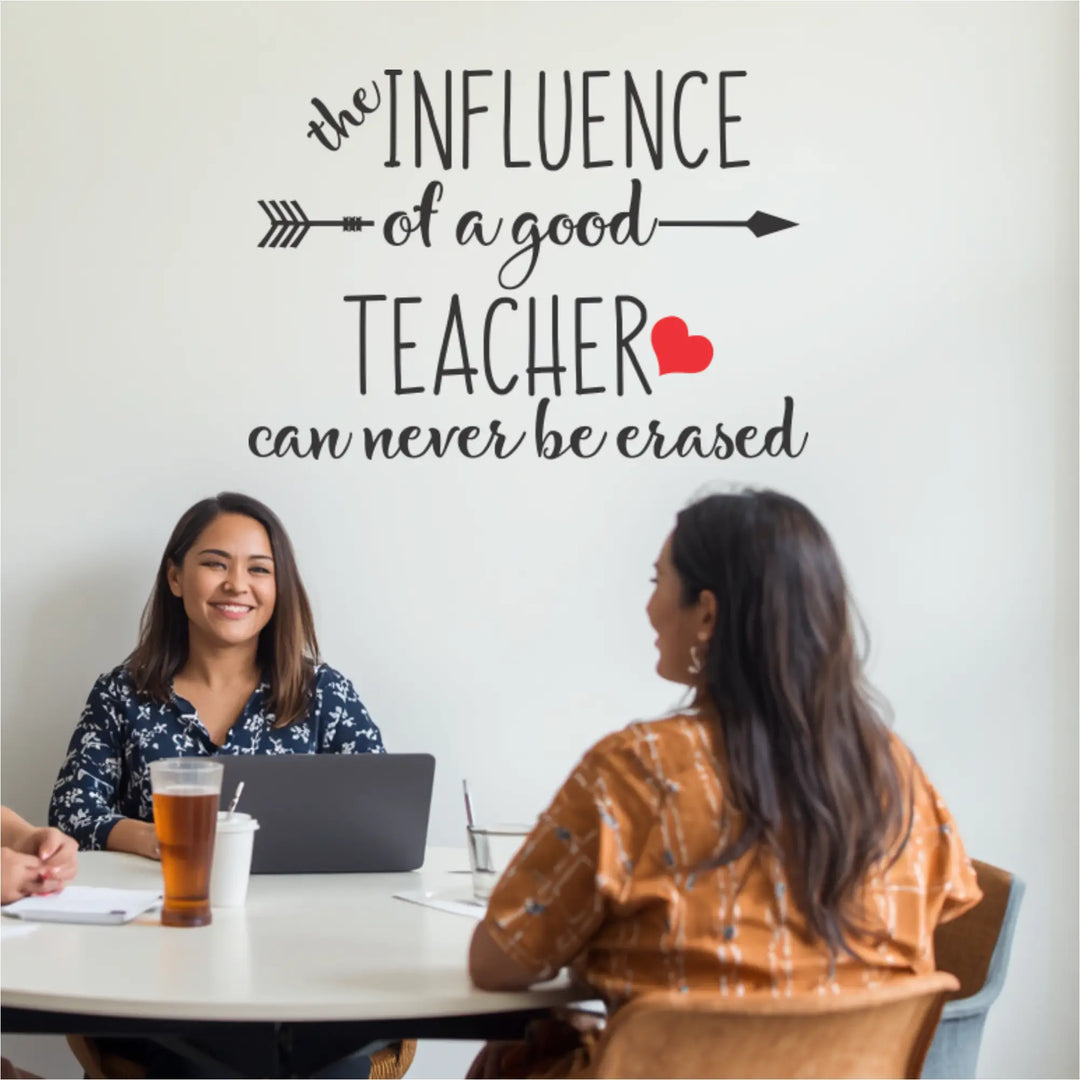 Two educators sitting at a table in a bright staff lounge with the "Influence of a Good Teacher" decal applied as a large focal point on the white wall behind them.
