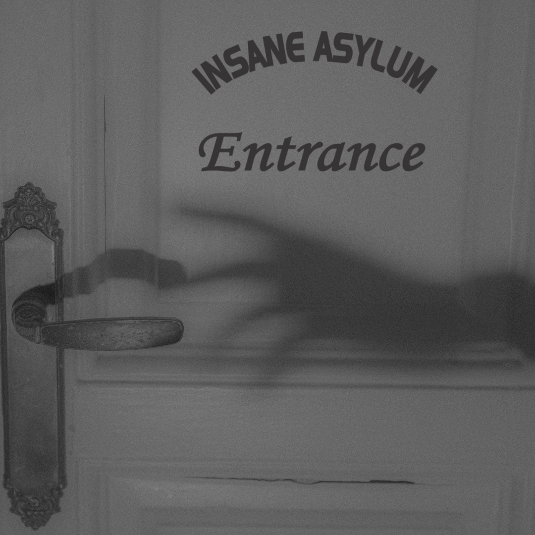A black and white photo of an "Insane Asylum Entrance" vinyl decal on a door with a creepy shadow of a hand reaching for the doorknob.