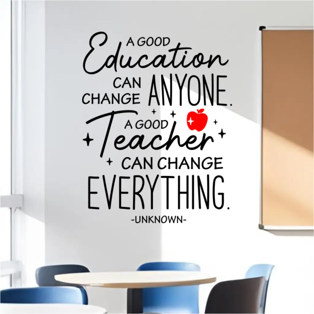 Close-up of teacher appreciation quote wall decal reads "A good teacher can change everything"