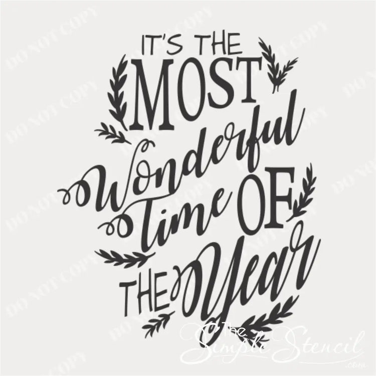 Black and white master file of the "It's the Most Wonderful Time of the Year" decal design, showcasing the whimsical lettering style and detailed branch flourishes. Used for custom vinyl lettering and large-format seasonal wall decor.