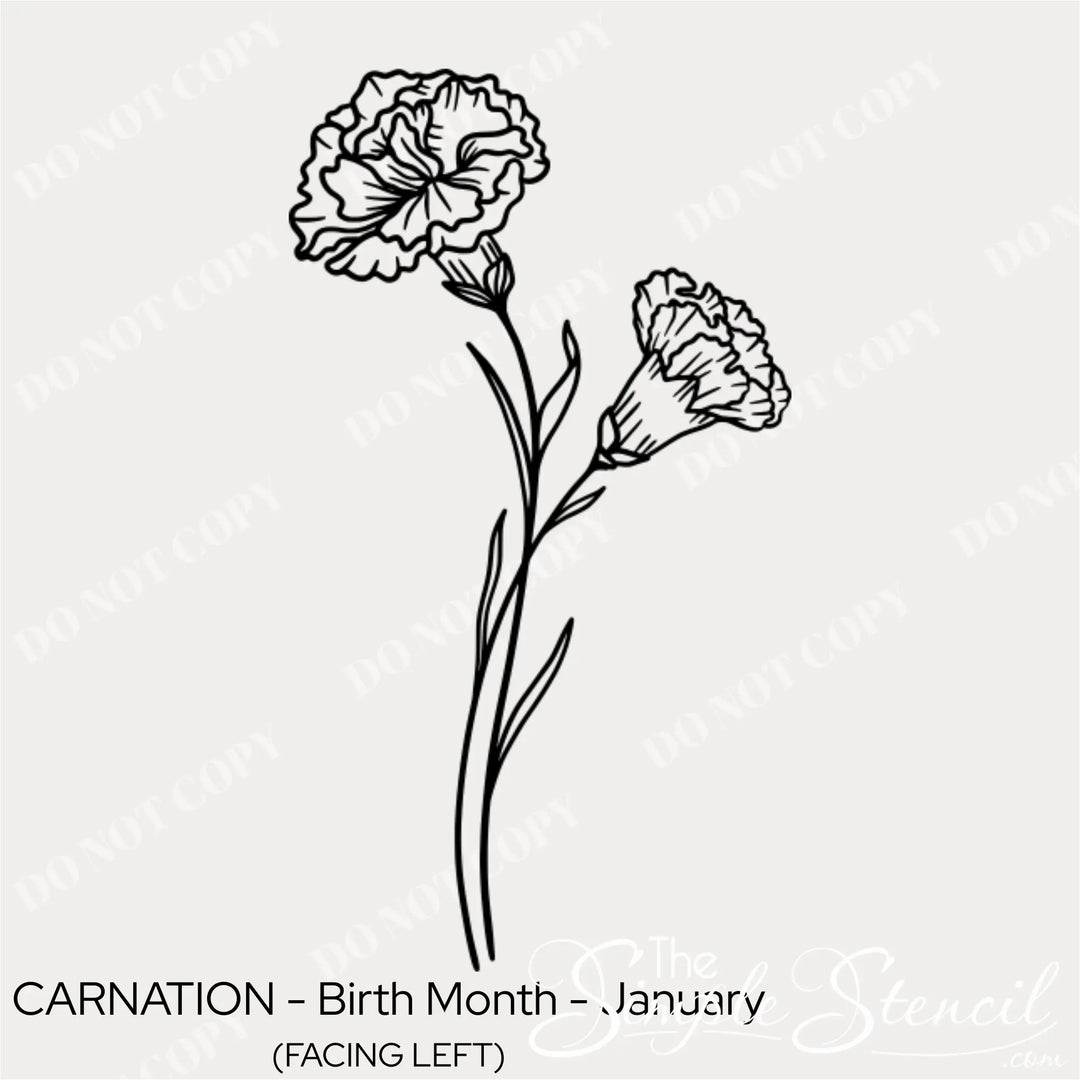 Close up detail of the January Carnation botanical silhouette showing the ruffled petal texture and matte finish.