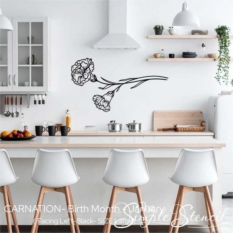 Large black Carnation wall graphic applied horizontally to a bright white kitchen wall above a modern breakfast bar.