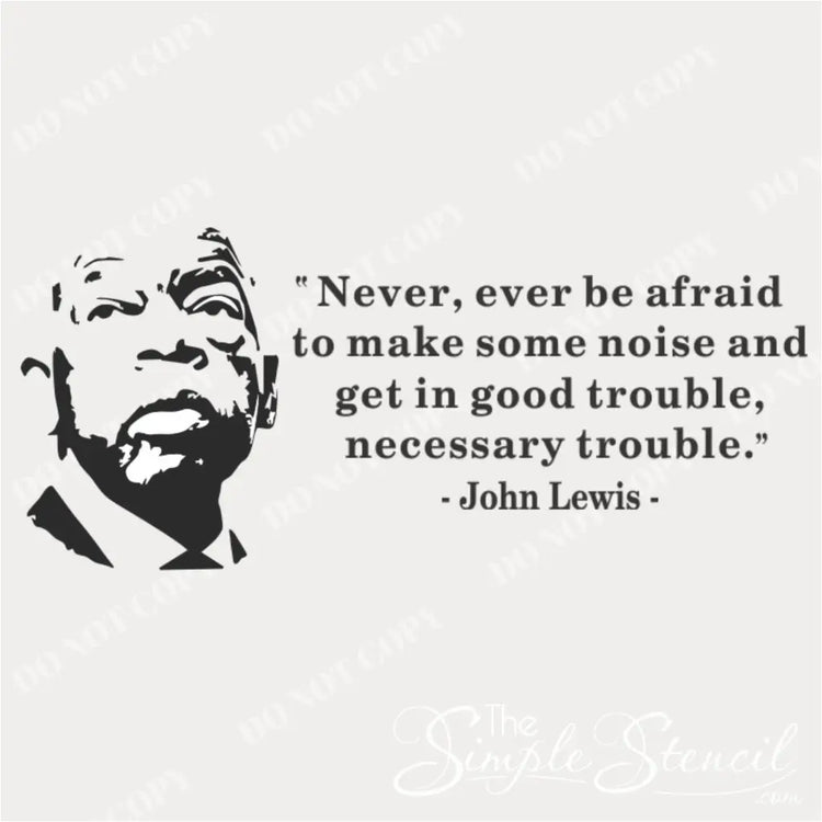 High-contrast product preview of the John Lewis silhouette portrait and the "Good Trouble" quote vinyl wall decal.