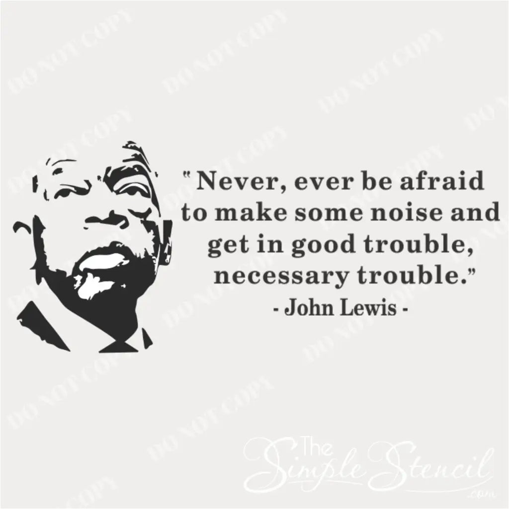 High-contrast product preview of the John Lewis silhouette portrait and the "Good Trouble" quote vinyl wall decal.