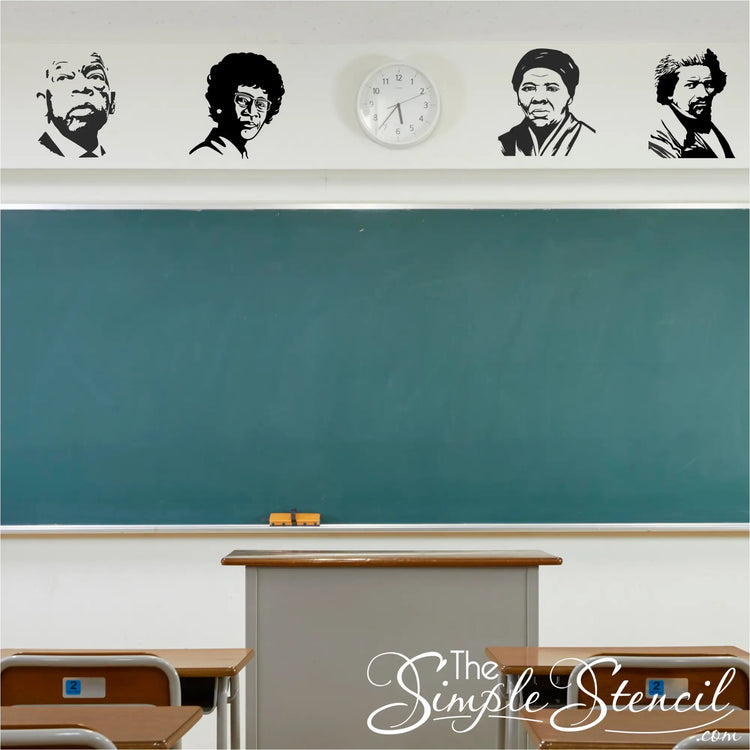 School classroom chalkboard wall decorated with a collection of vinyl silhouette decals featuring Black history icons: John Lewis, Shirley Chisholm, Harriet Tubman, and Frederick Douglass.