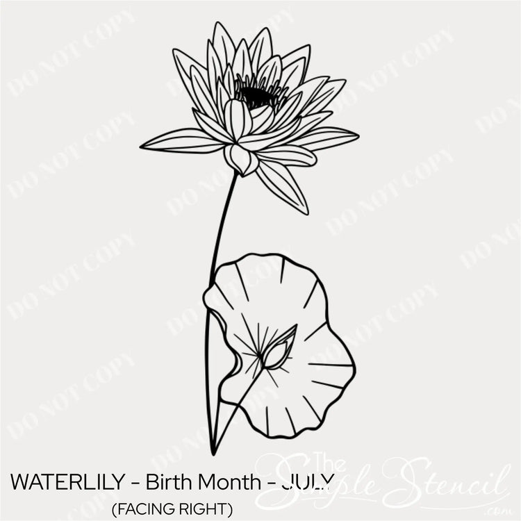 Close up of the July Water Lily birth flower wall graphic featuring intricate line art and a matte black finish.