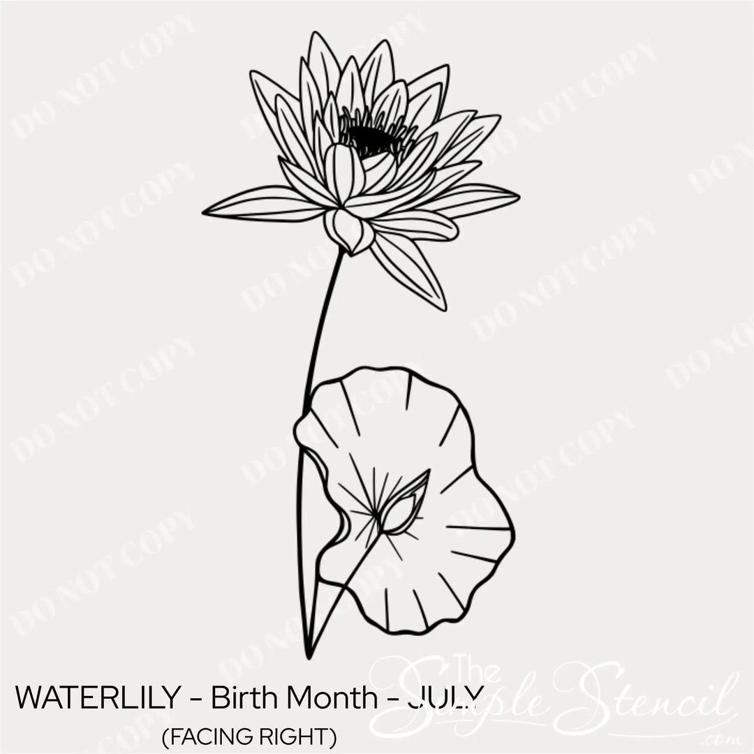 Close up of the July Water Lily birth flower wall graphic featuring intricate line art and a matte black finish.