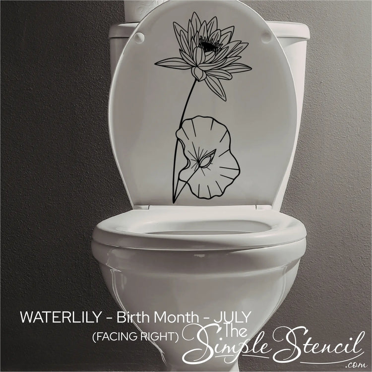 Versatile Water Lily botanical graphic applied to a white toilet seat, showcasing creative ways to dress up small bathroom spaces.