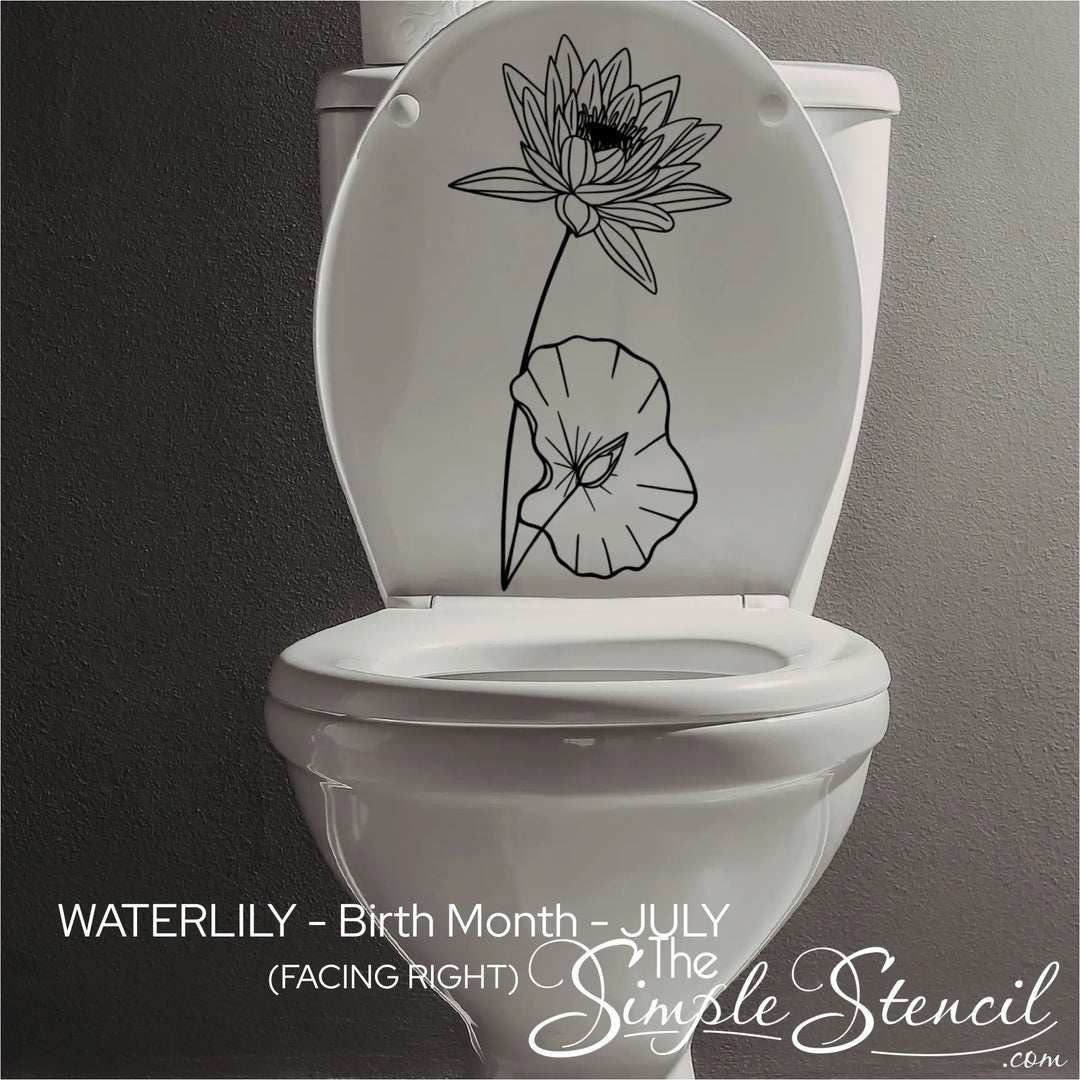 Versatile Water Lily botanical graphic applied to a white toilet seat, showcasing creative ways to dress up small bathroom spaces.