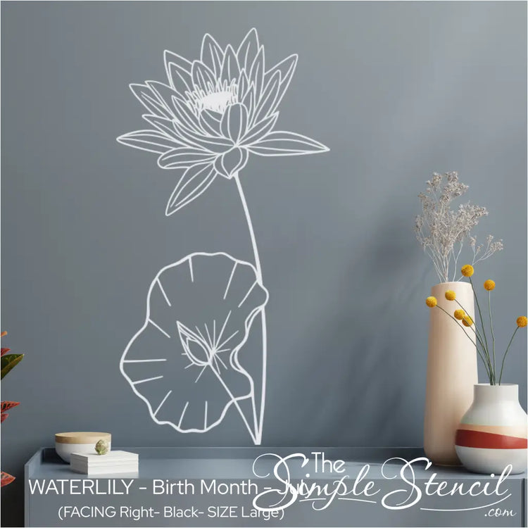 Large white Water Lily birth flower graphic applied to a slate grey wall, creating a serene biophilic focal point above a console.