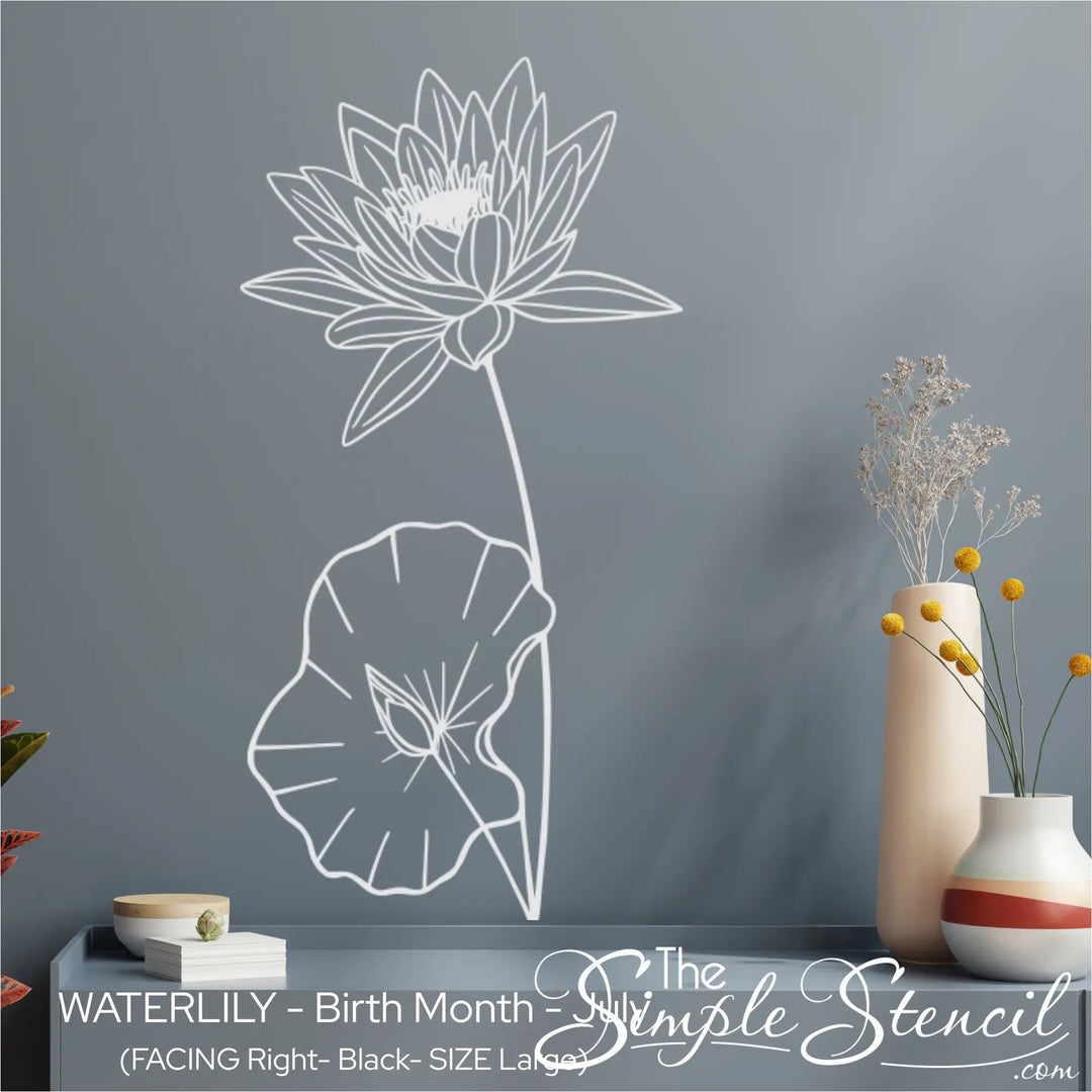 Large white Water Lily birth flower graphic applied to a slate grey wall, creating a serene biophilic focal point above a console.