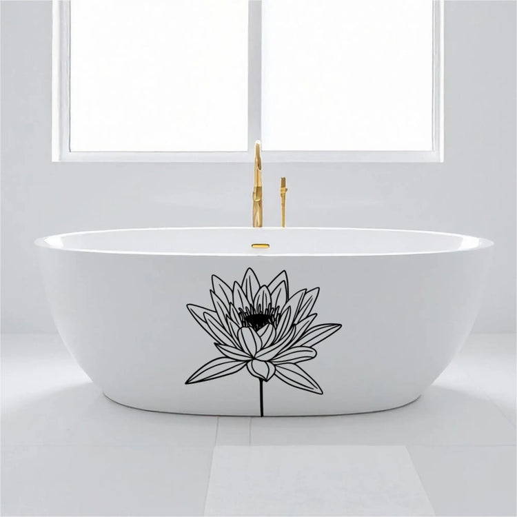 A black Water Lily bloom applied to the front of a white freestanding bathtub for a custom spa-like bathroom aesthetic.