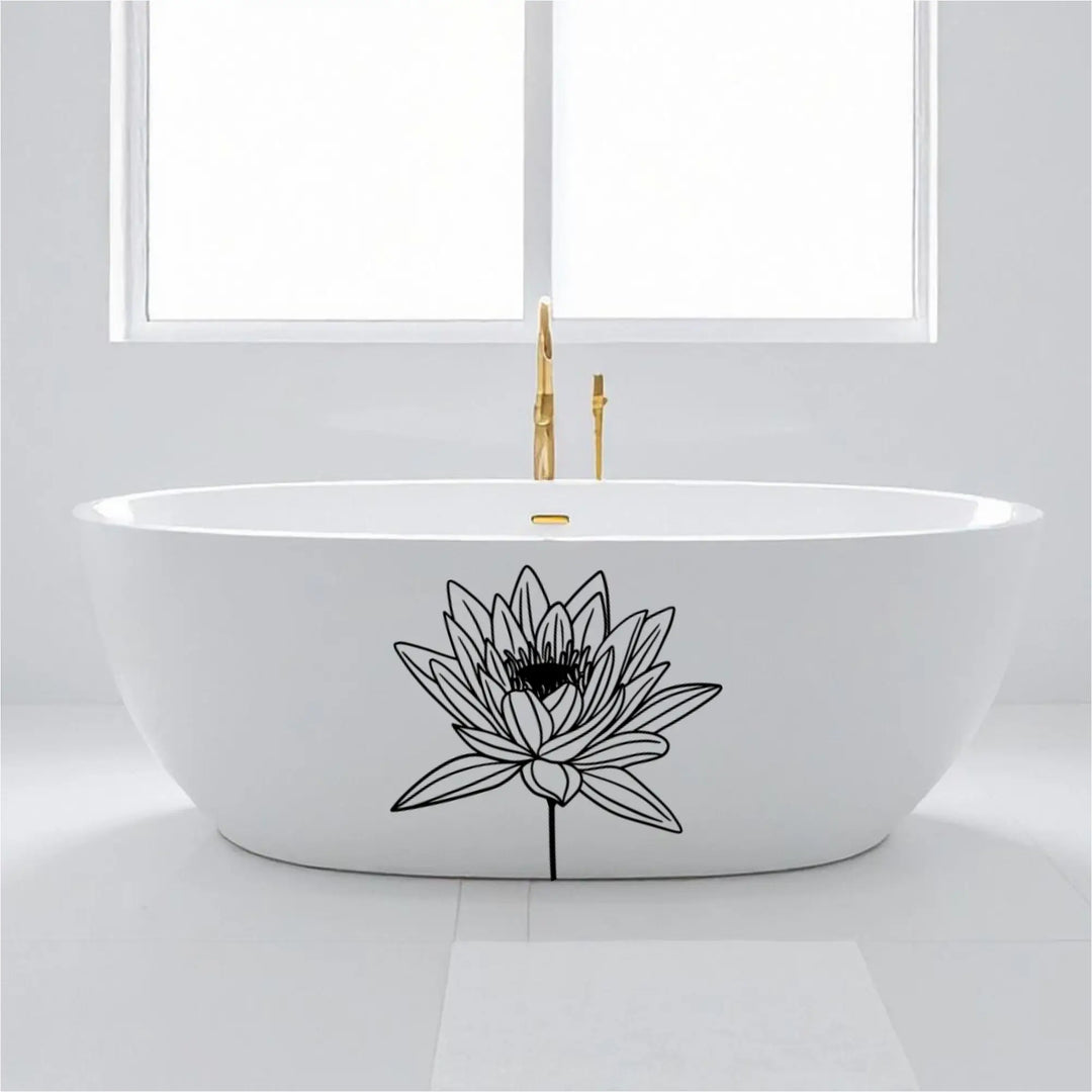 A black Water Lily bloom applied to the front of a white freestanding bathtub for a custom spa-like bathroom aesthetic.