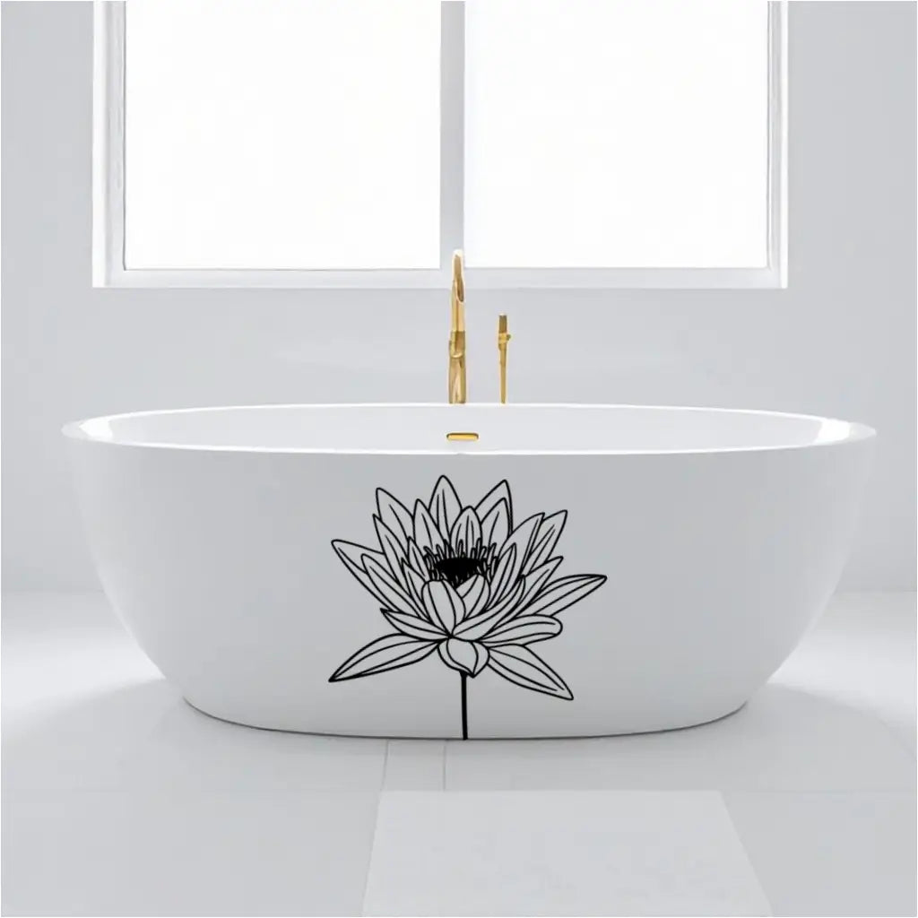 A black Water Lily bloom applied to the front of a white freestanding bathtub for a custom spa-like bathroom aesthetic.