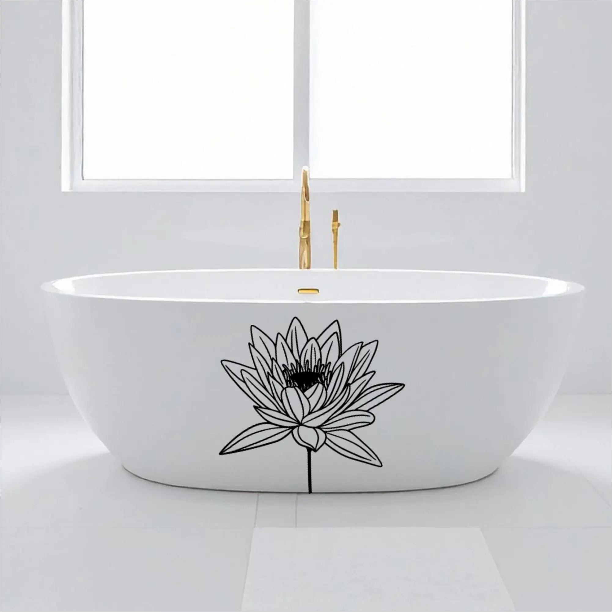 A black Water Lily bloom applied to the front of a white freestanding bathtub for a custom spa-like bathroom aesthetic.