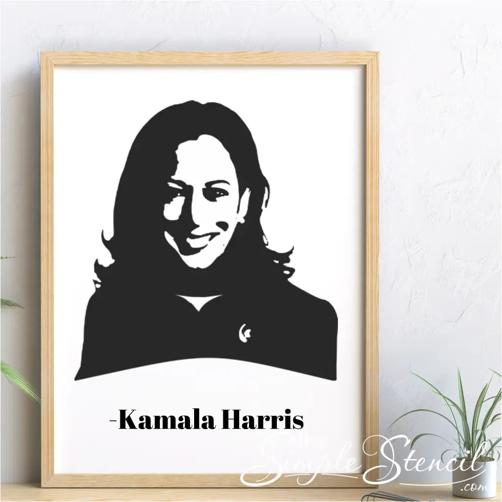 Kamala Harris Face silhouette decal applied to a picture frame over a desk
