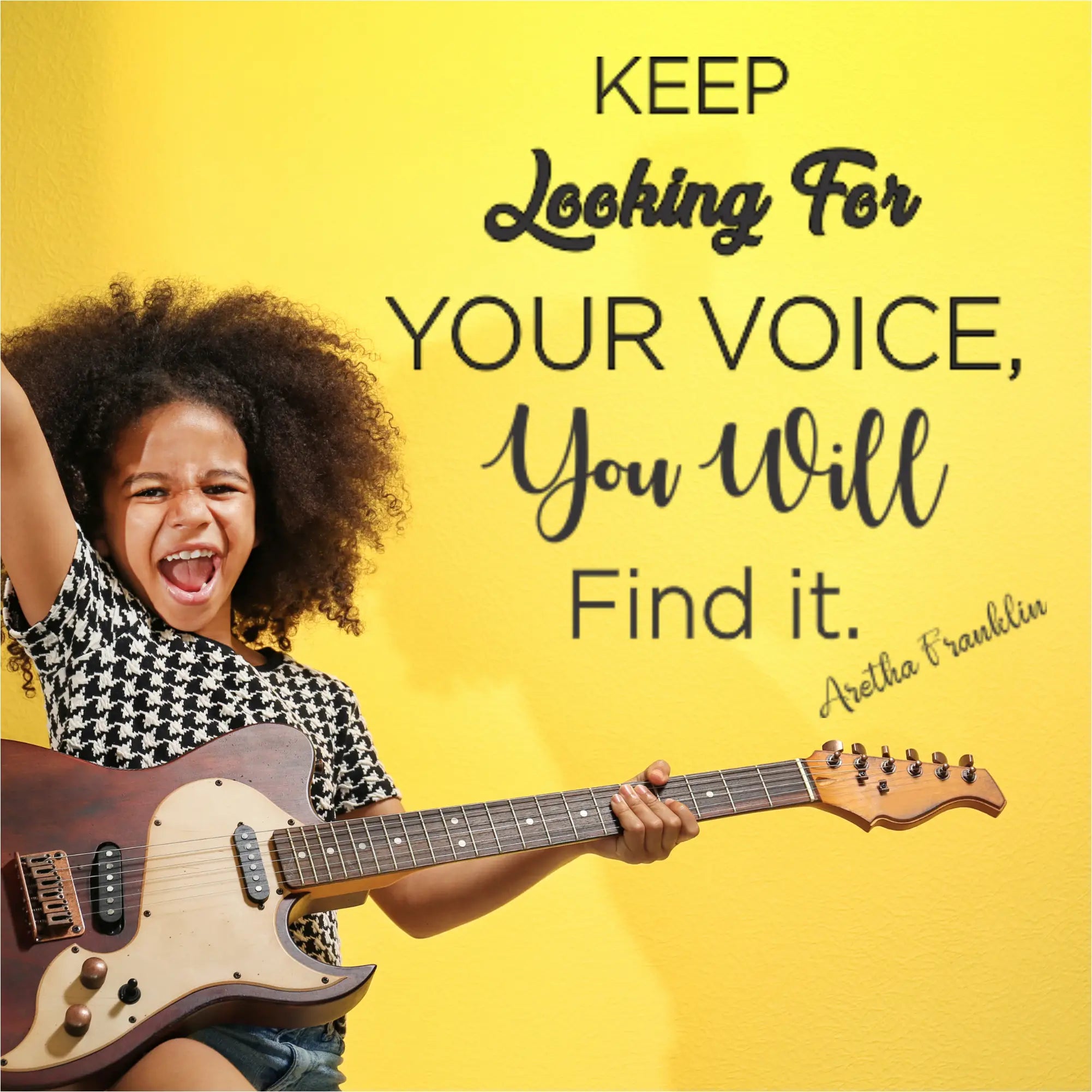 Aretha Franklin quote for a music room wall by The Simple Stencil reads: Keep looking for your voice, you will find it. 
