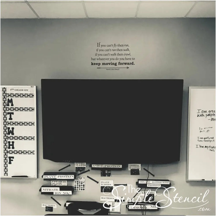 MLK "Keep moving forward" wall quote decal by The Simple Stencil shown placed by a teacher on her classroom wall to inspire students.