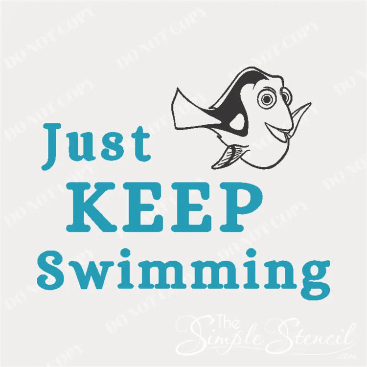 Close-up of the yellow Dory-like fish smiling from the "Just Keep Swimming" wall decal.