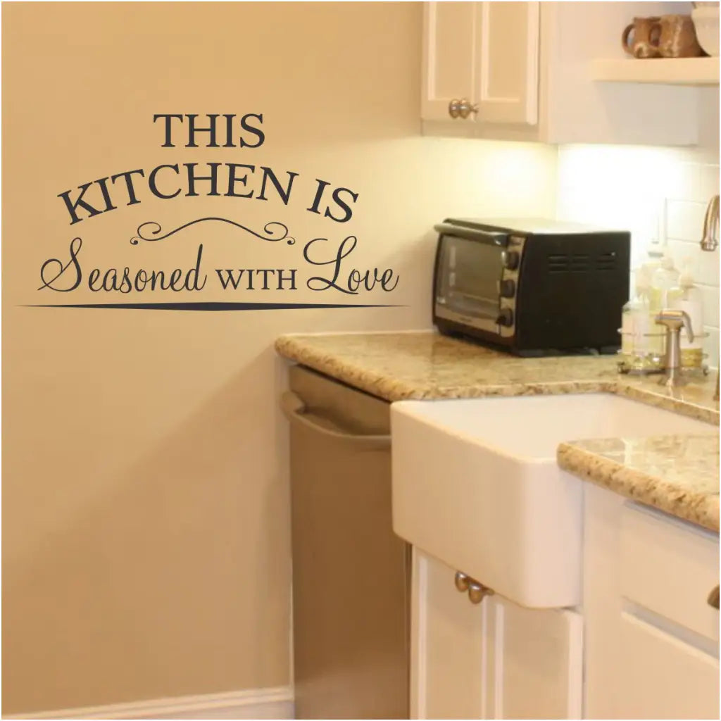 This kitchen is seasoned with love. A vinyl wall decal with a beautiful design displayed on a kitchen wall in family home. By The Simple Stencil