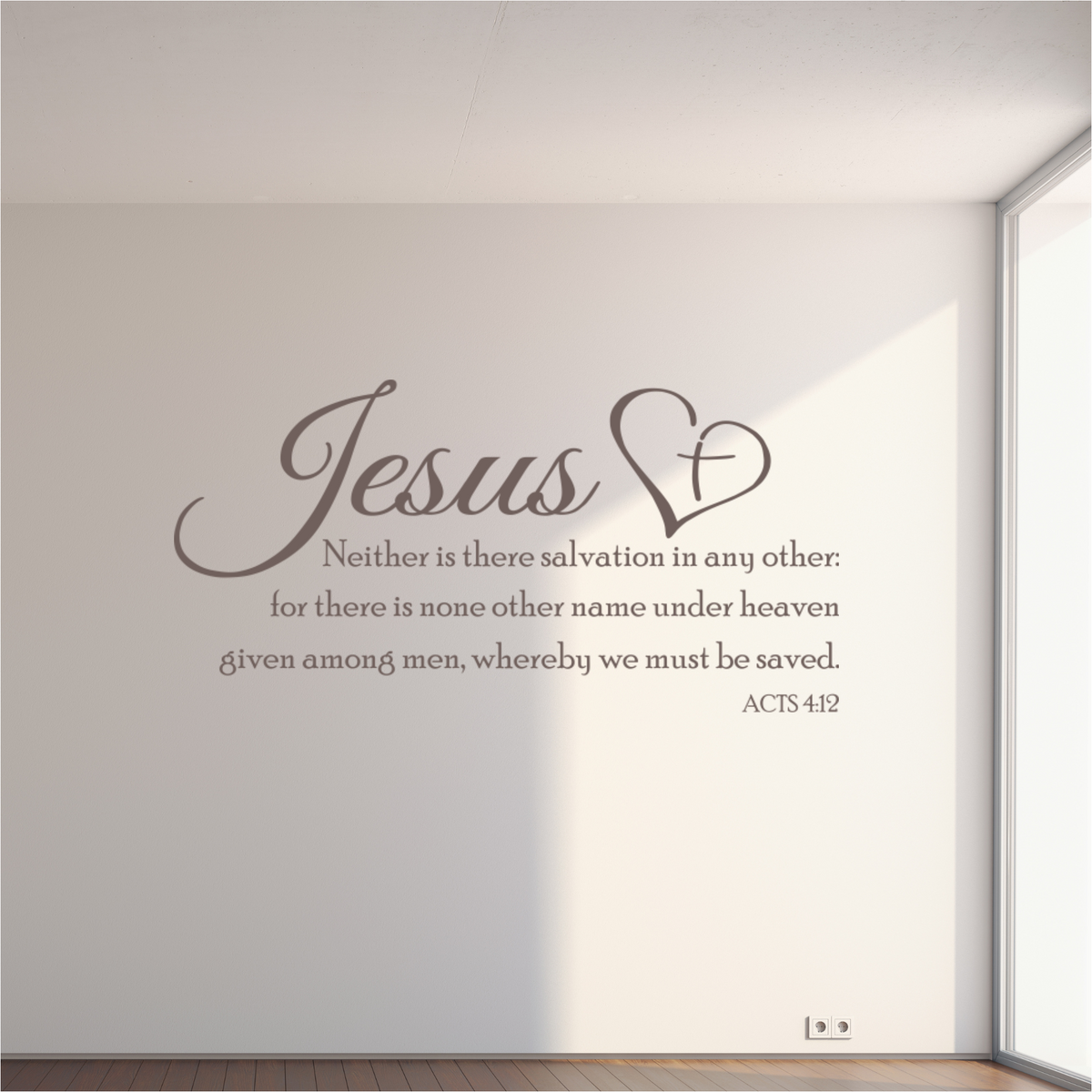 KJV Acts 4:12 Jesus wall decal in gray script with a heart and cross on a bright white wall