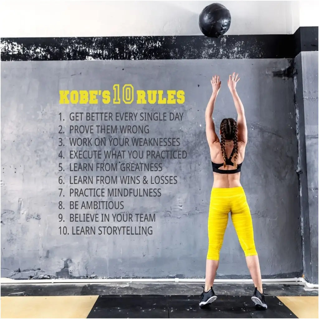 Large Gym or Fitness Center wall decal display of Kobe's 10 Rules. Based on Kobe Bryant's goals.