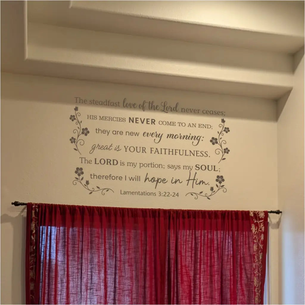 Large Lamentations 3:22-24 wall decal installed above a window with red curtains, showing the 'Great is Your Faithfulness' scripture in a christian home setting.