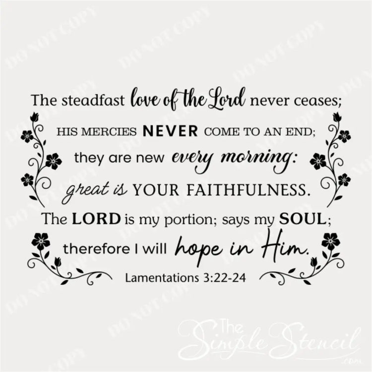 Close-up product image of the Lamentations 3:22-24 bible verse wall decal design with elegant font and decorative floral borders.