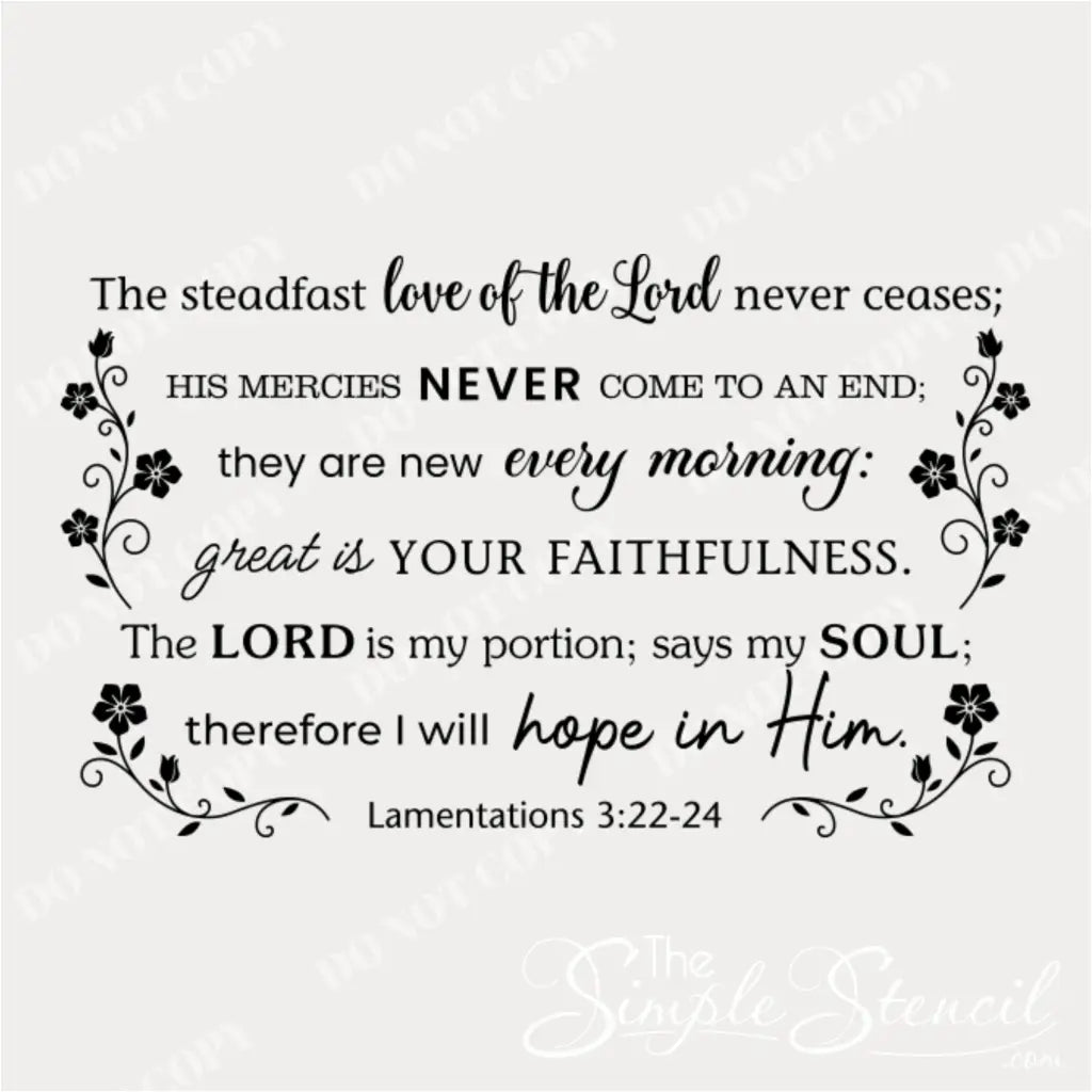 Close-up product image of the Lamentations 3:22-24 bible verse wall decal design with elegant font and decorative floral borders.