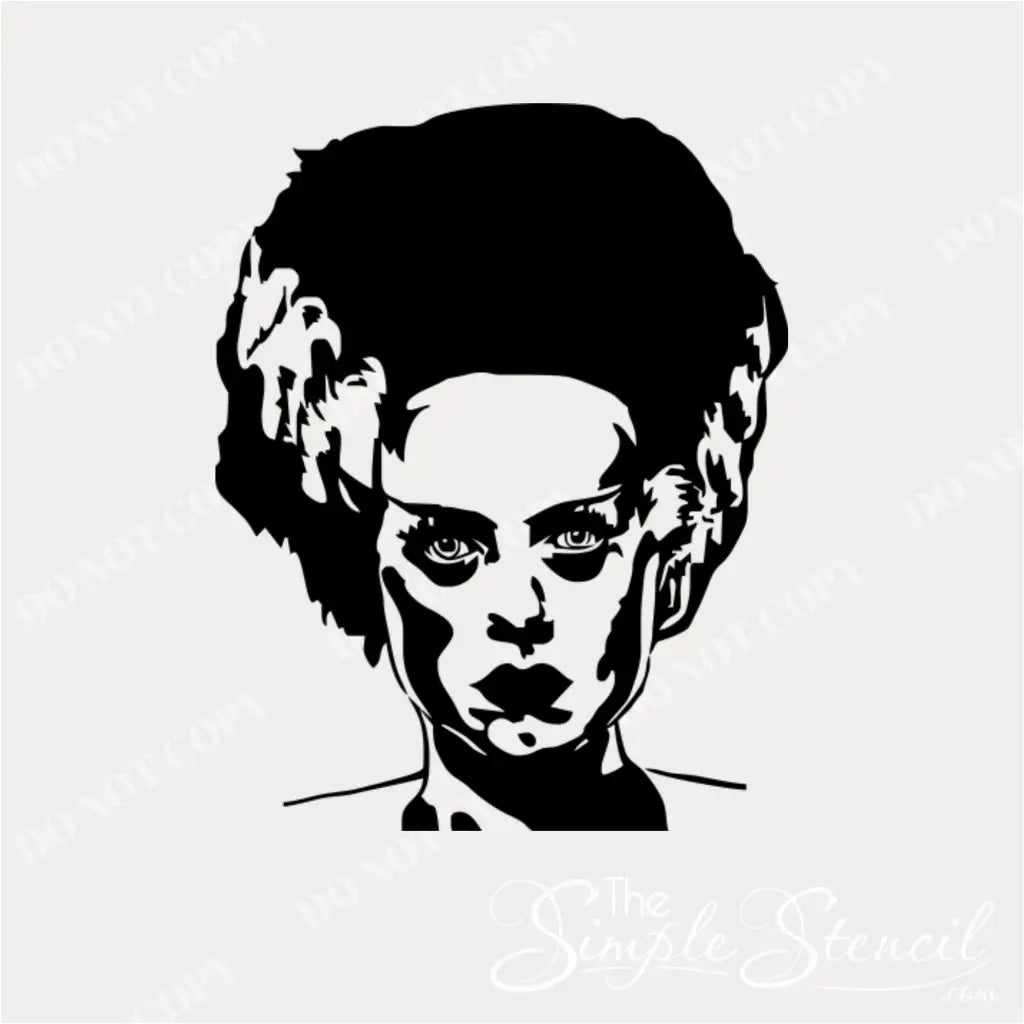 A black wall decal of the Bride of Frankenstein's head and shoulders is against a plain background. The image highlights her distinctive, lightning-streaked hair and dramatic features.