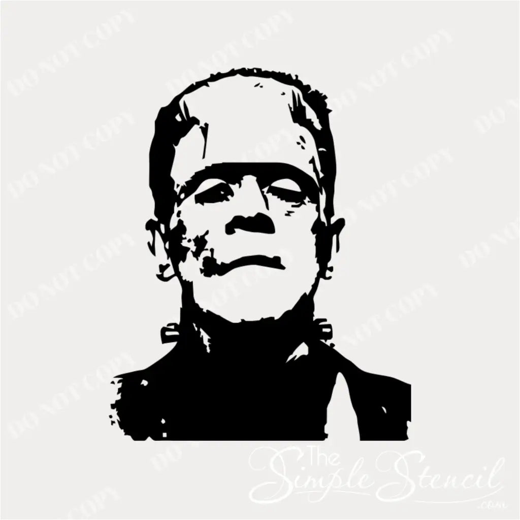 A close-up, black-and-white image of a single, black wall decal of Frankenstein's monster's head and shoulders against a plain background. The image has a "DO NOT COPY" watermark.