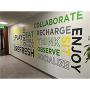 Large word wall for business entry way to greet visitors with a positive and relaxing atmosphere. Customized colors and many sizes to fit any business wall display size and decor or logo colors.