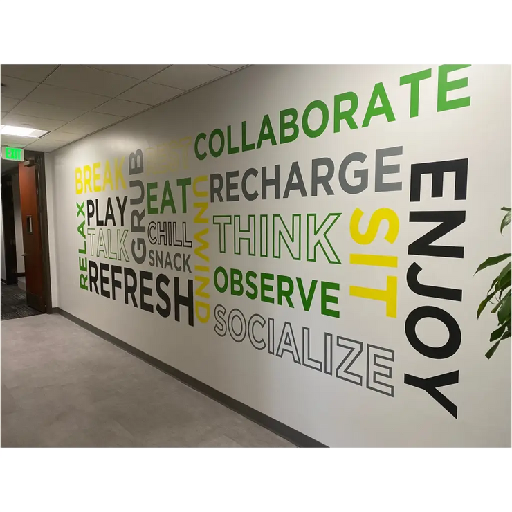 Large word wall for business entry way to greet visitors with a positive and relaxing atmosphere. Customized colors and many sizes to fit any business wall display size and decor or logo colors.