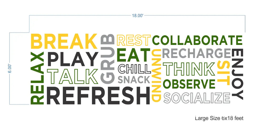Layout showing the largest size of this positive word wall decal set for schools and business office settings. Use the layout to apply large words to your wall in the same pattern or use your own creativity to display words around your office settings to create a positive and relaxing atmosphere.